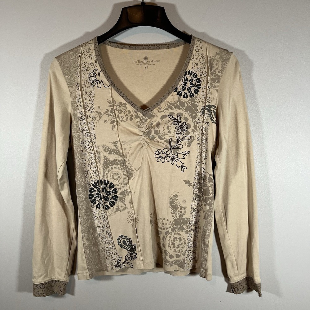 Territory Ahead Women S Pima Top Tan Embroidered Gorpcore Outdoor Granola Hiker